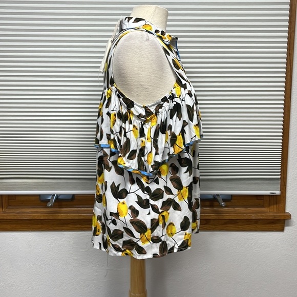 Entro NWT Off White Lemon Print Button Down Open Shoulder Ruffle Top - Picture 4 of 14